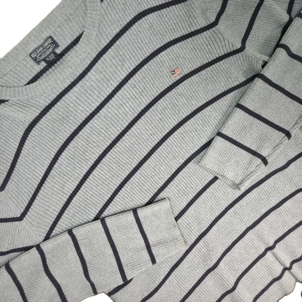 VTG Polo Ralph Lauren Polo Jeans Co Sweater Mens XL Gray Blue Stripe Crewneck